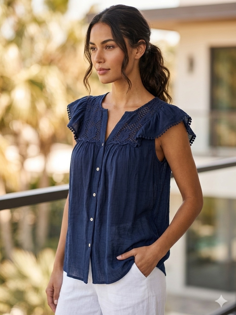 Nanette Lepore Navy Blue Cotton Rayon Eyelet Yoke Pintuck Flutter Sleeve Top M